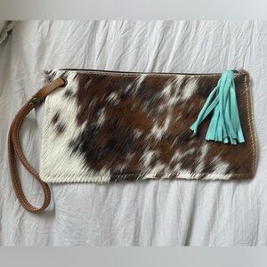 Cow Print Cowgirl Boho Hair-on Hide Clutch/Wristlet with leather tassel